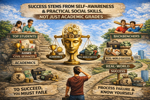 Success stems from self-awareness and practical social skills, not just academic grades. While top students follow traditional paths, "backbenchers" often thrive by mastering human connection and real-world problem-solving. To succeed, you must process failure and know yourself.