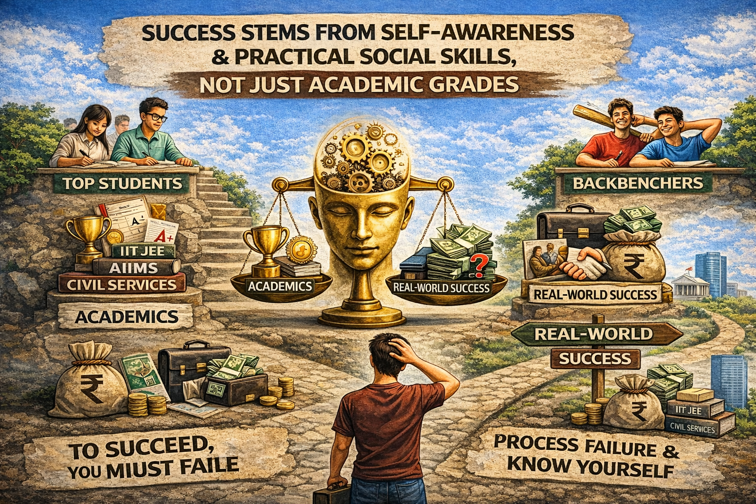 Success stems from self-awareness and practical social skills, not just academic grades. While top students follow traditional paths, "backbenchers" often thrive by mastering human connection and real-world problem-solving. To succeed, you must process failure and know yourself.
