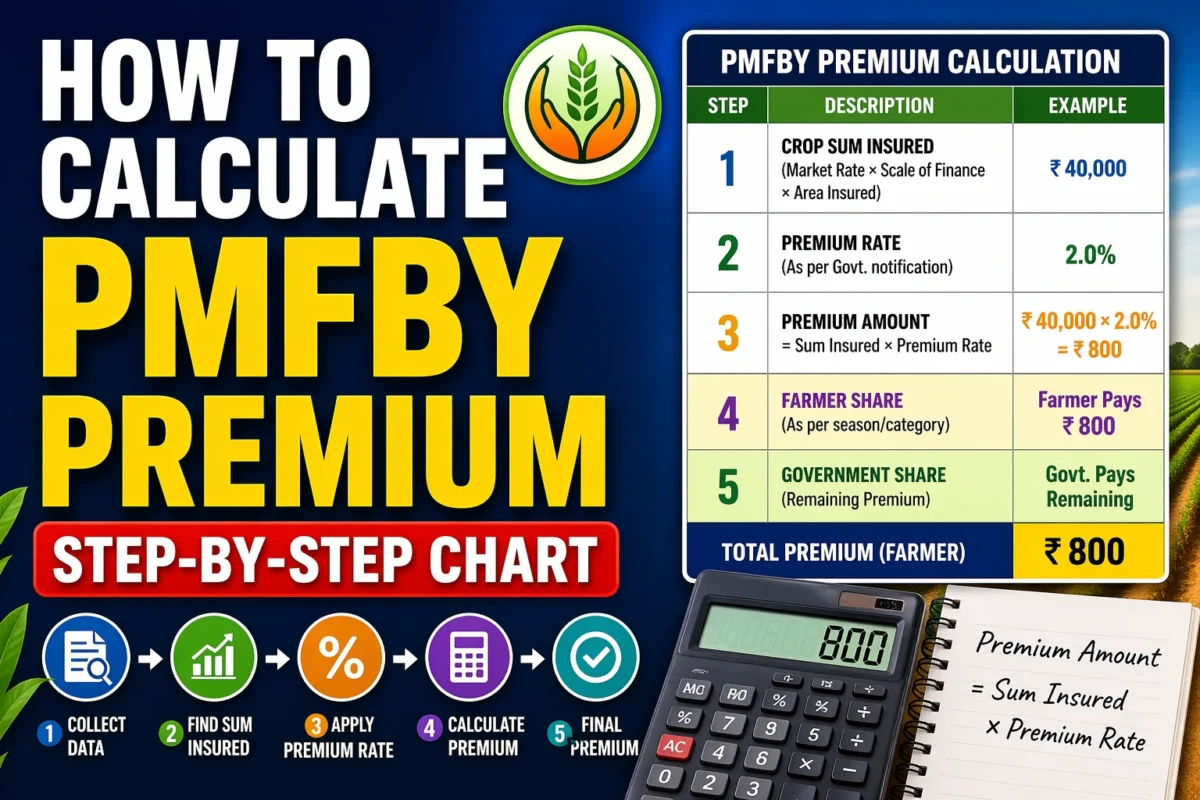 how to calculate pmfby premium chart showing 2% Kharif, 1.5% Rabi, 5% horticulture rates