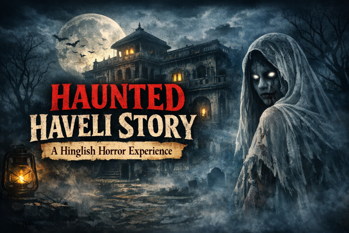 Haunted Haveli Story thumbnail showing an old spooky mansion under moonlight with fog and a ghostly woman in a white saree – Hinglish horror blog image.