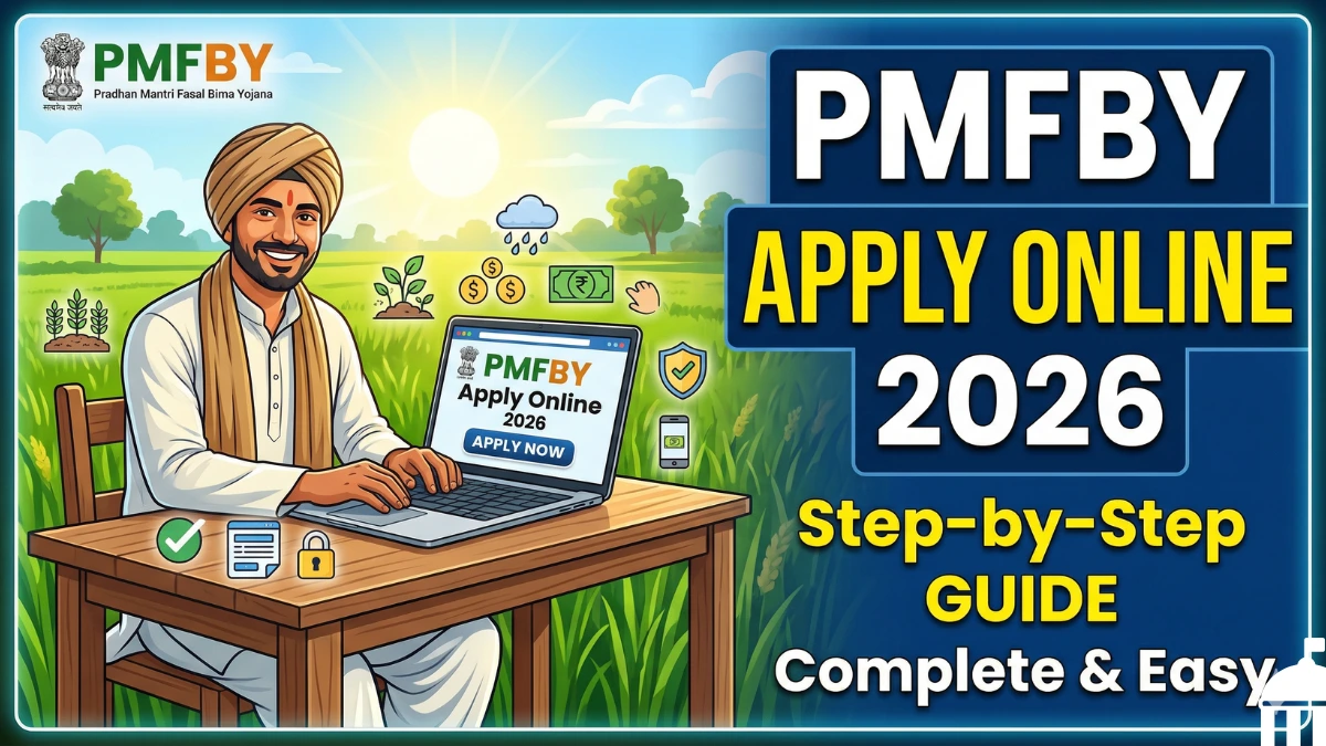 A high-quality, illustrative YouTube thumbnail for PMFBY 2026. On the left, a smiling Indian farmer in a turban and kurta uses a laptop while sitting at a wooden desk in a lush green field. The laptop screen displays "PMFBY Apply Online 2026." The right side features bold, high-contrast text on blue banners reading "PMFBY APPLY ONLINE 2026," "Step-by-Step GUIDE," and "Complete & Easy." The design is clean, professional, and incorporates agricultural icons like rain clouds and crops.